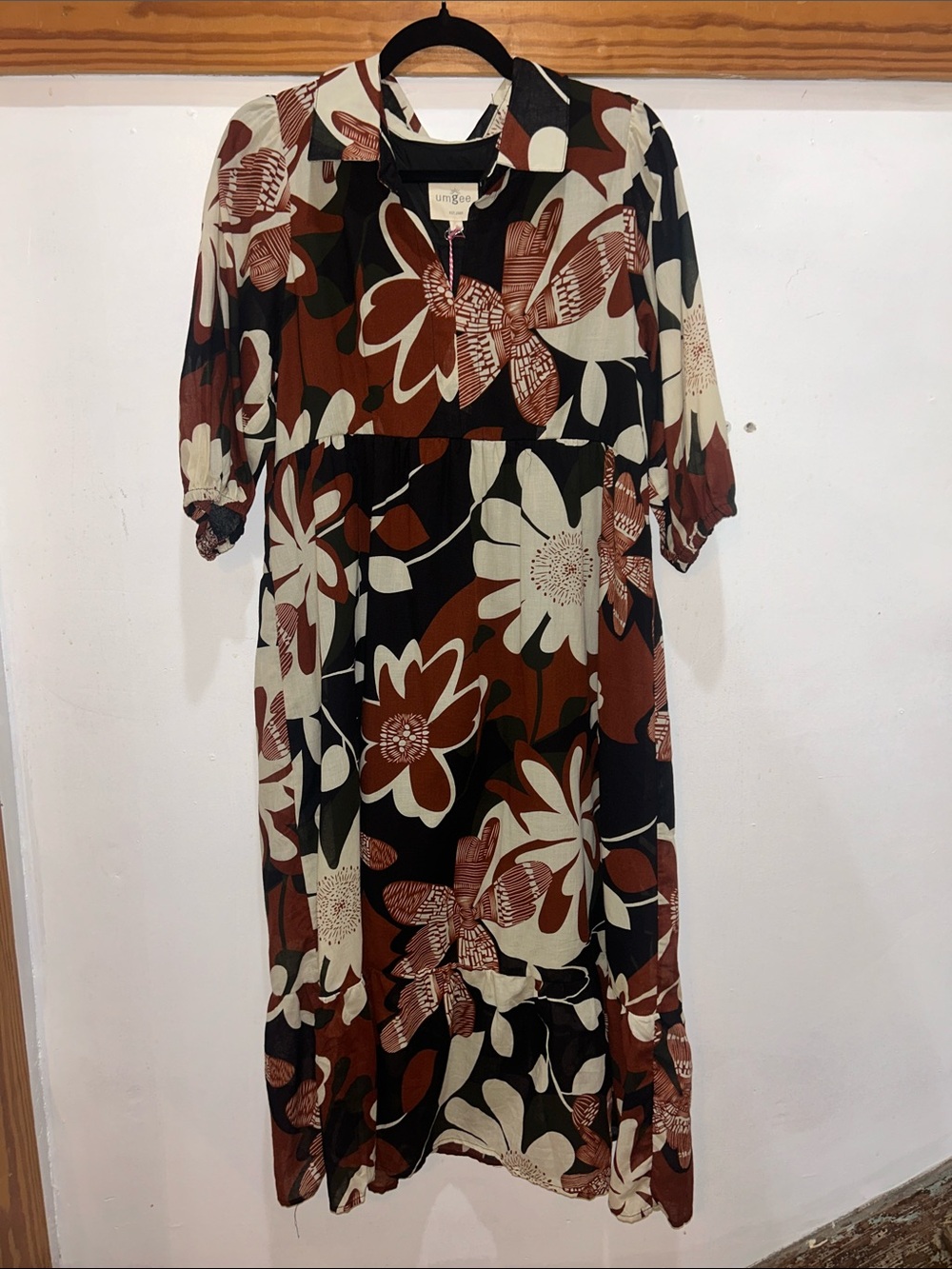 Umgee Cream, Rust & Black Floral Print Maxi Dress